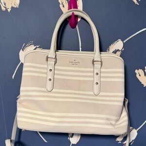 Kate Spade New York Satchel Handbag Cream/Beige Stripe Canvas & Leather